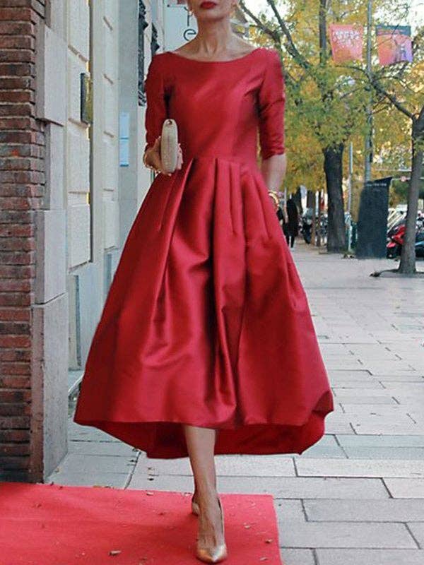 Sheer Trend - A-Line Loose Pleated Pockets Solid Color Split-Joint Round-Neck Midi Dresses: M / BLACK