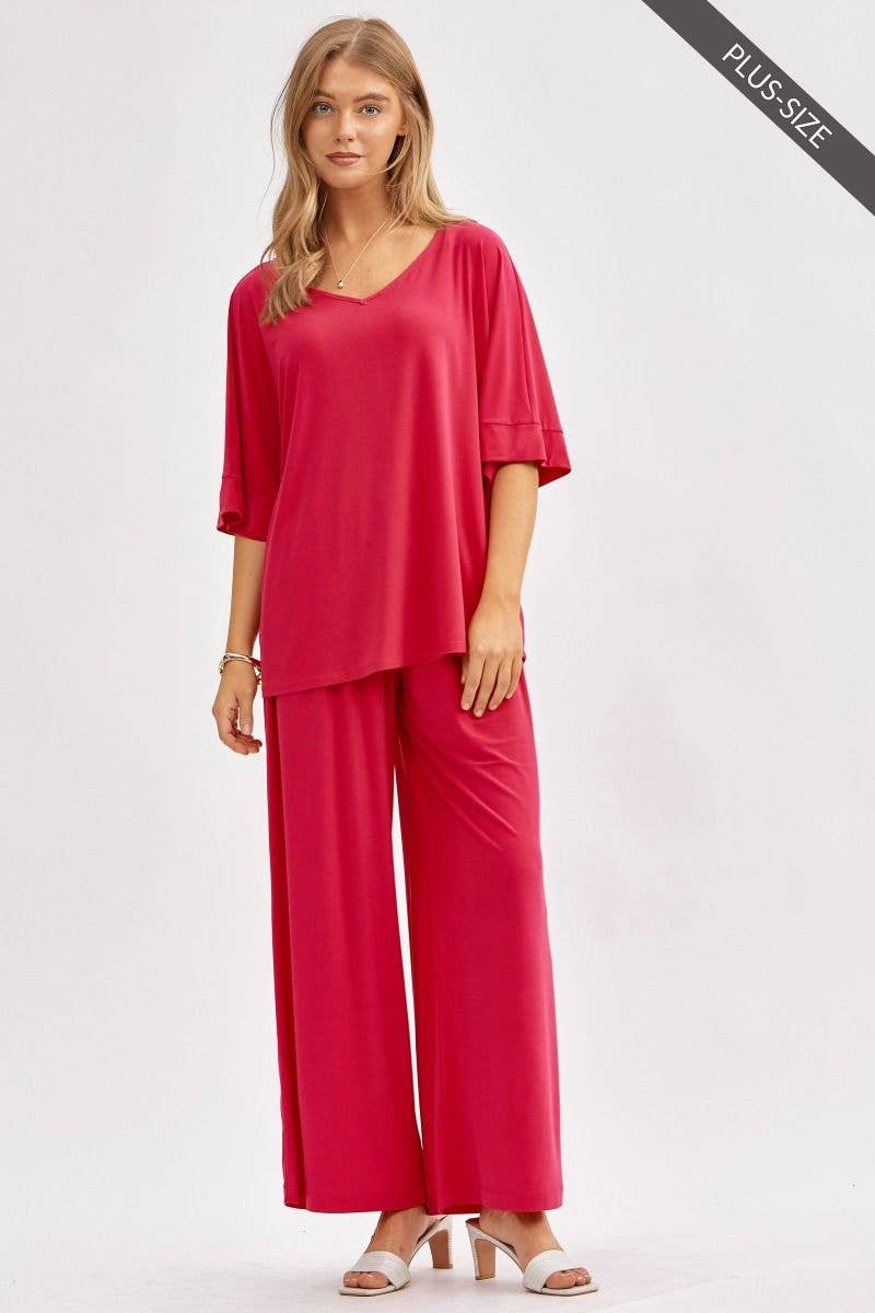 Dear Scarlett - PLUS SIZE Stylish Flowy Top + Wide Leg Set TRVSET-CABANAP: EMERALD / 3X