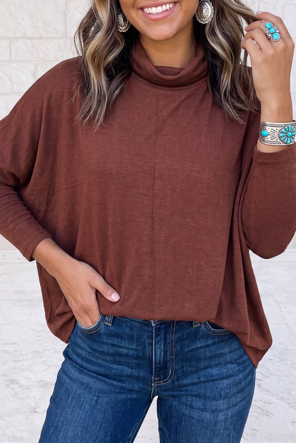 1 the Woman - Oversized Mock Neck Long Sleeve Layering Basic Blouse: Smoke Gray / S