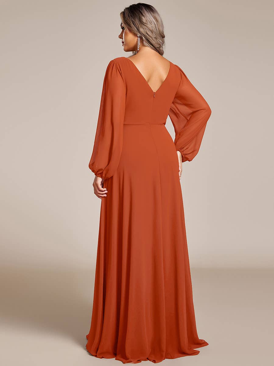 Ever-Pretty - Elegant waisted chiffon V-neck Long Sleeve guest Dress: Burgundy / 12