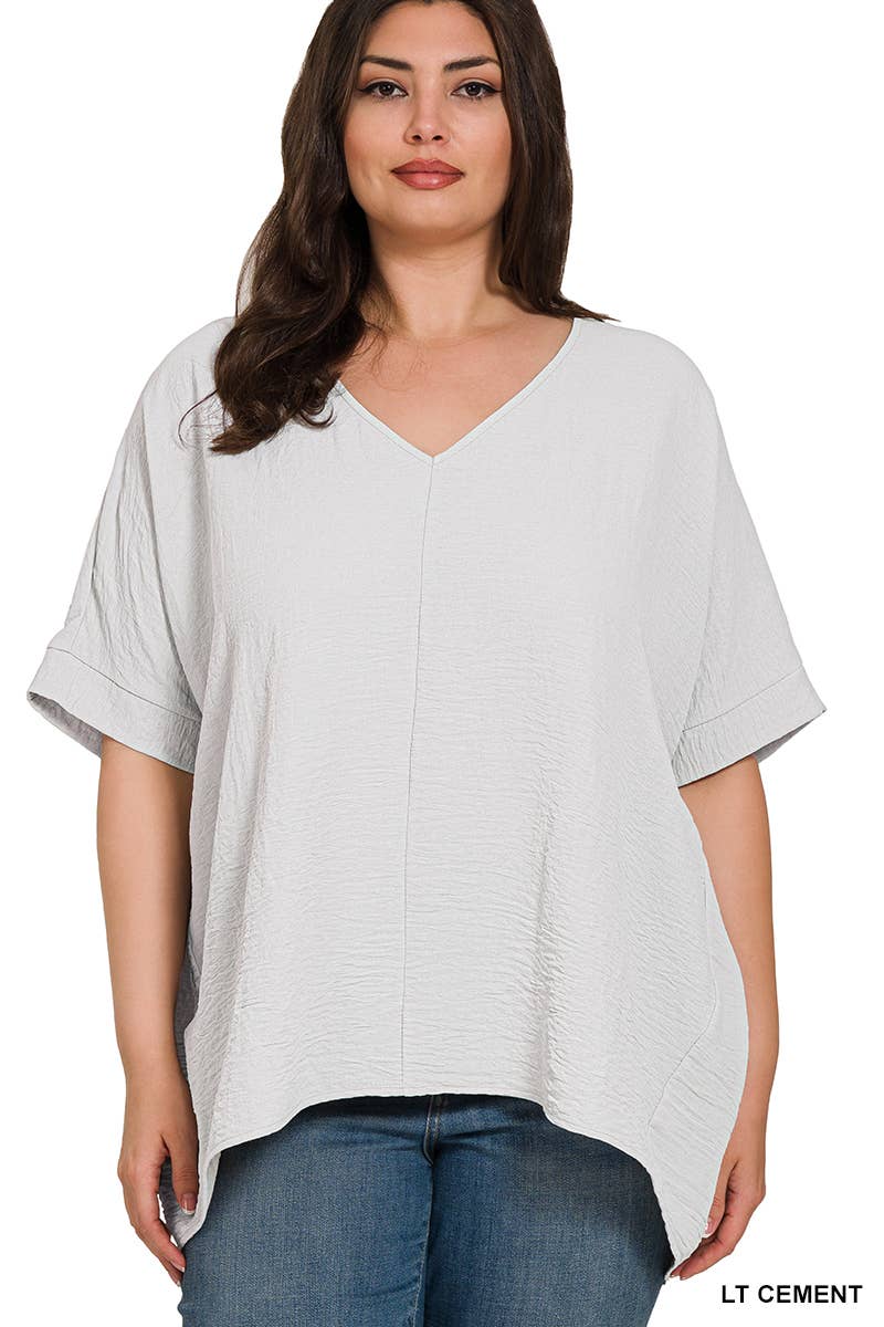 42POPS - PLUS SIZE WOVEN AIRFLOW V-NECK DOLMAN SHORT SLEEVE TOP: LT NAVY-152211 / 3X
