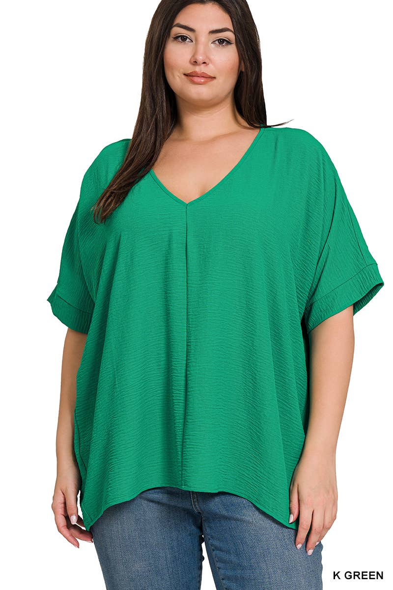 42POPS - PLUS SIZE WOVEN AIRFLOW V-NECK DOLMAN SHORT SLEEVE TOP: BLACK-152213 / 1X