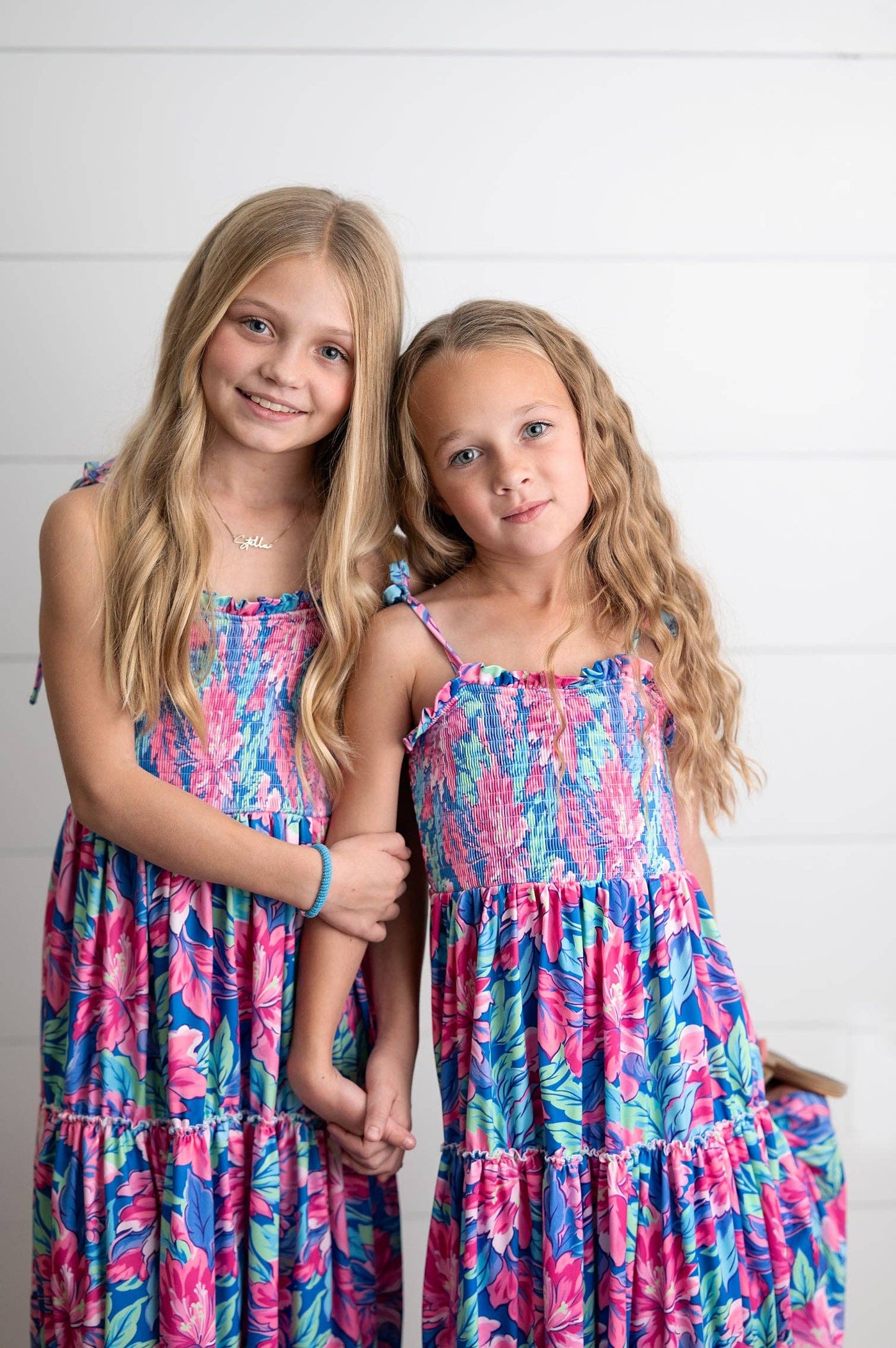 Oopsie Daisy - Girls Hot Pink Hawaiian Tropical Tiered Spring Maxi Dress: 7/8