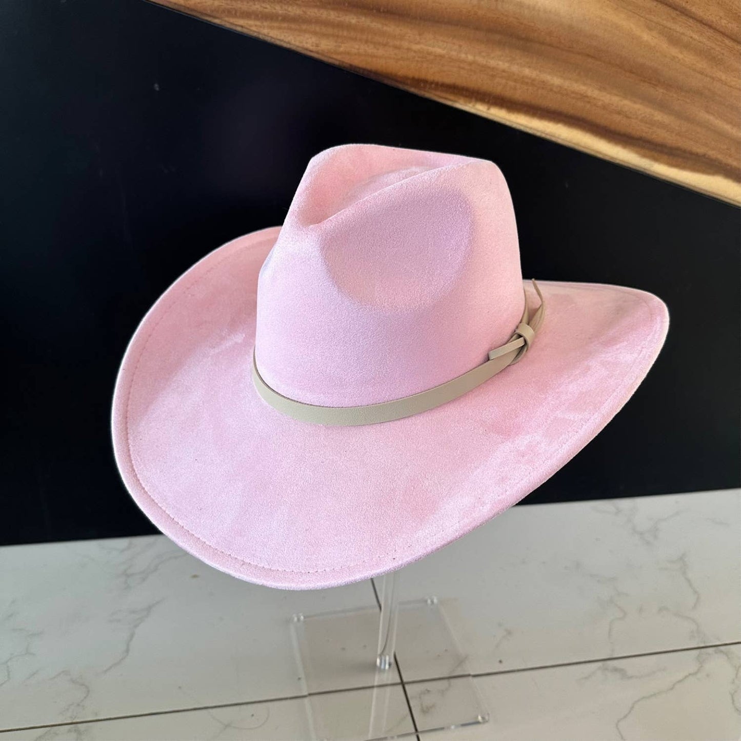 Queens INC - Fashion Vegan suede Cowboy hat  W/ Leather Belt: CAMEL / ONE SIZE