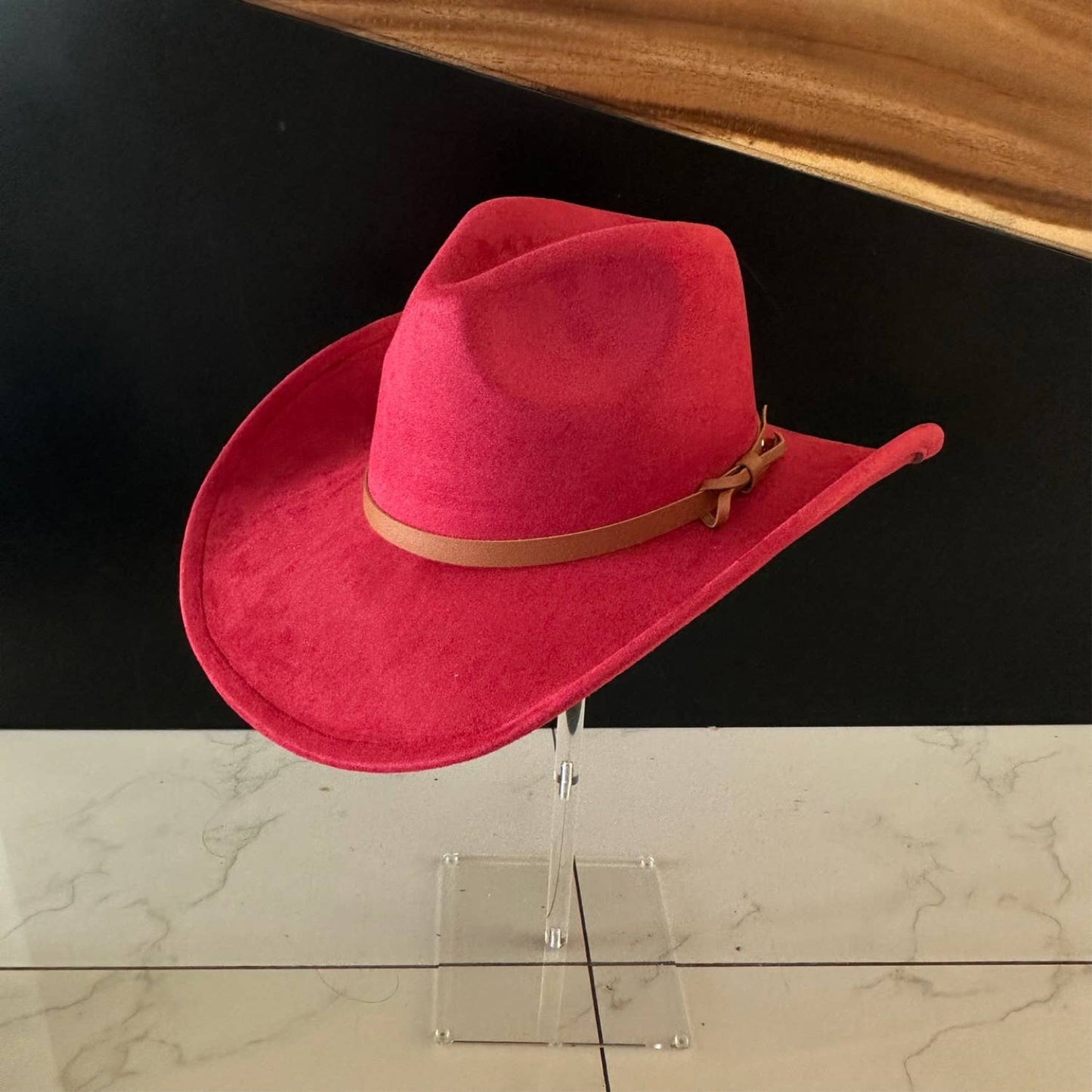 Queens INC - Fashion Vegan suede Cowboy hat  W/ Leather Belt: CAMEL / ONE SIZE