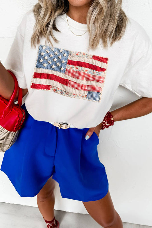 66DISCO - Faux Patchwork Printed US Flag Casual Tee