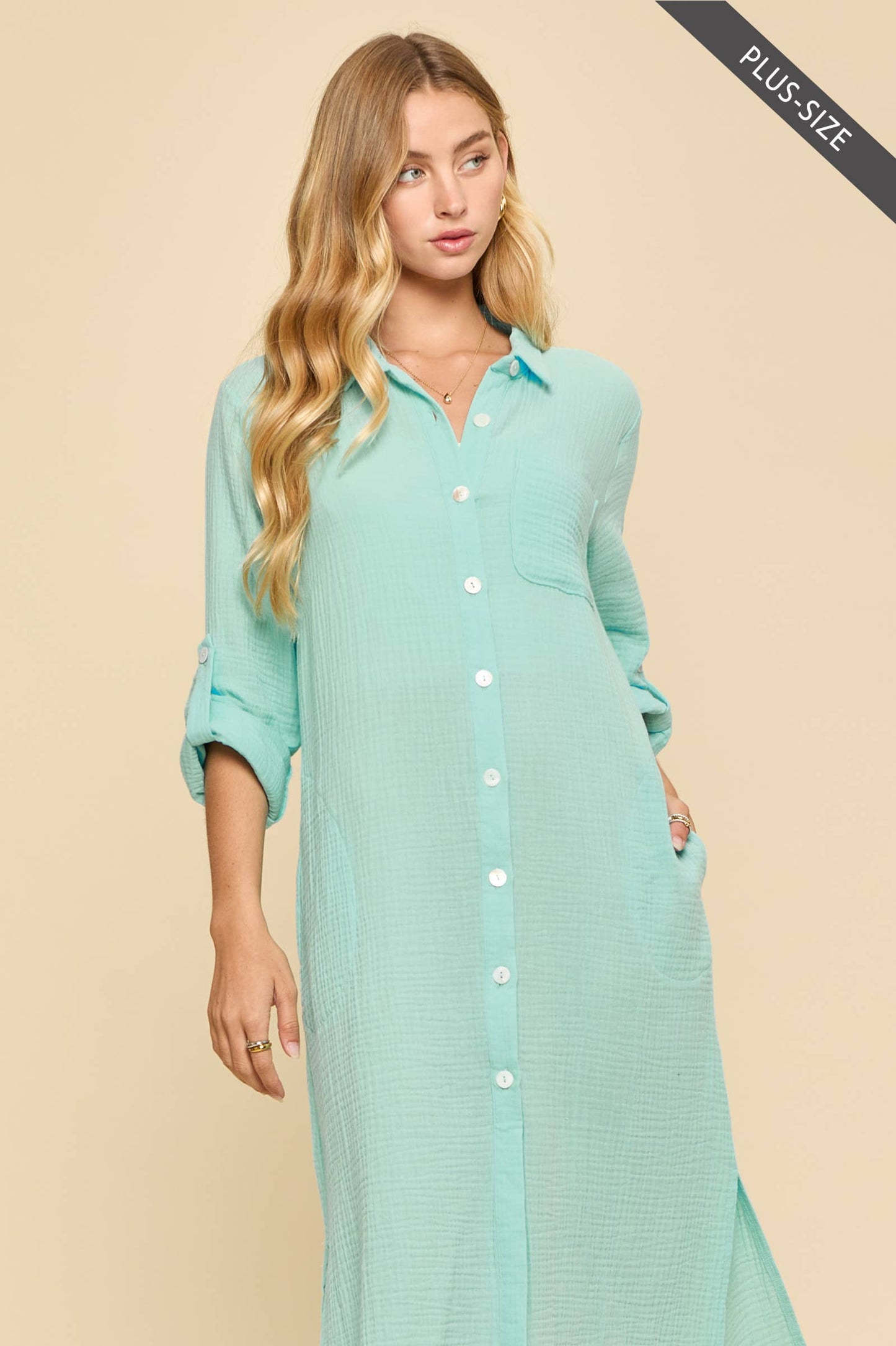 Dear Scarlett  Breathable Cotton Button-Down Duster: PEACH SORBET