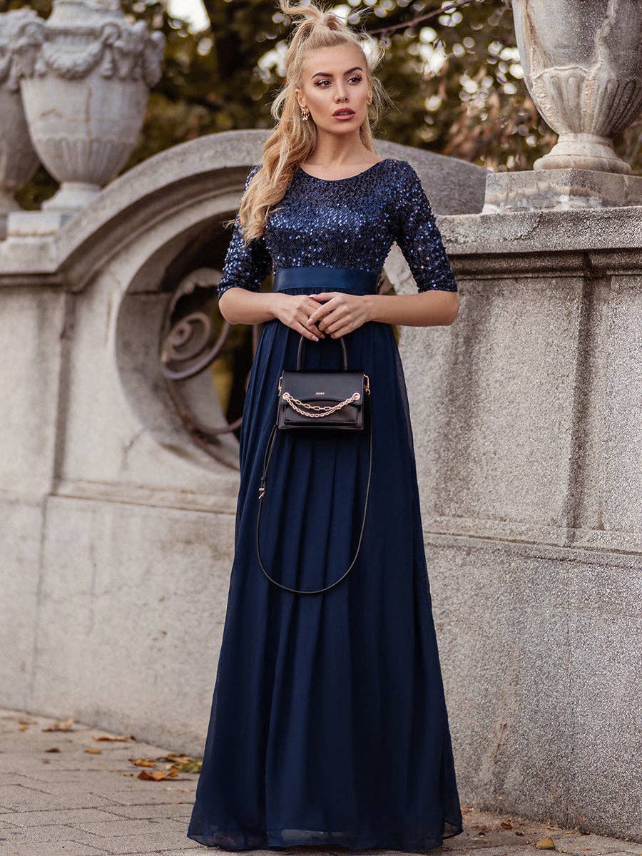 Ever-Pretty - Elegant Round Neckline Sequins Patchwork Dress: Navy Blue / 16