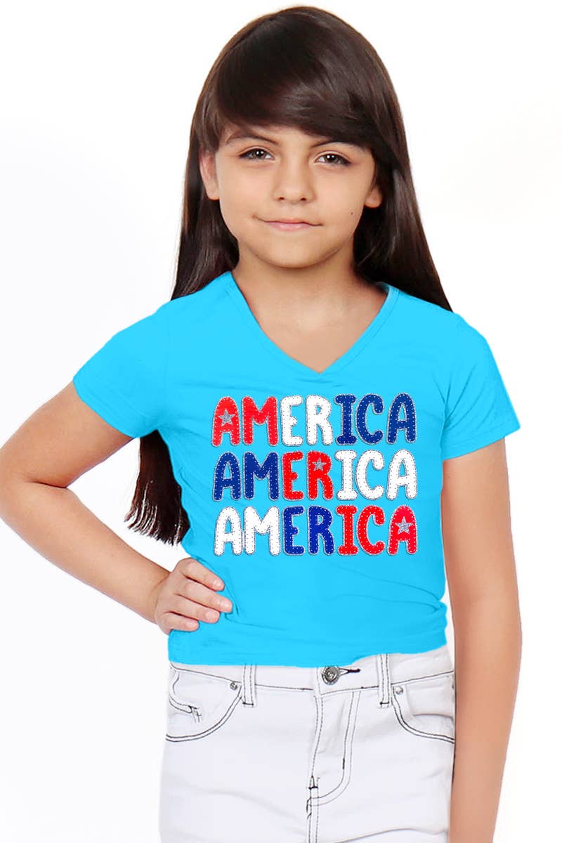 Cutie Patootie Clothing - GKT-16811B-588 Girl's V-Neck 'America' Graphic Tee