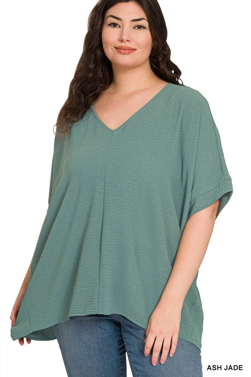 42POPS - PLUS SIZE WOVEN AIRFLOW V-NECK DOLMAN SHORT SLEEVE TOP: LT NAVY-152211 / 3X