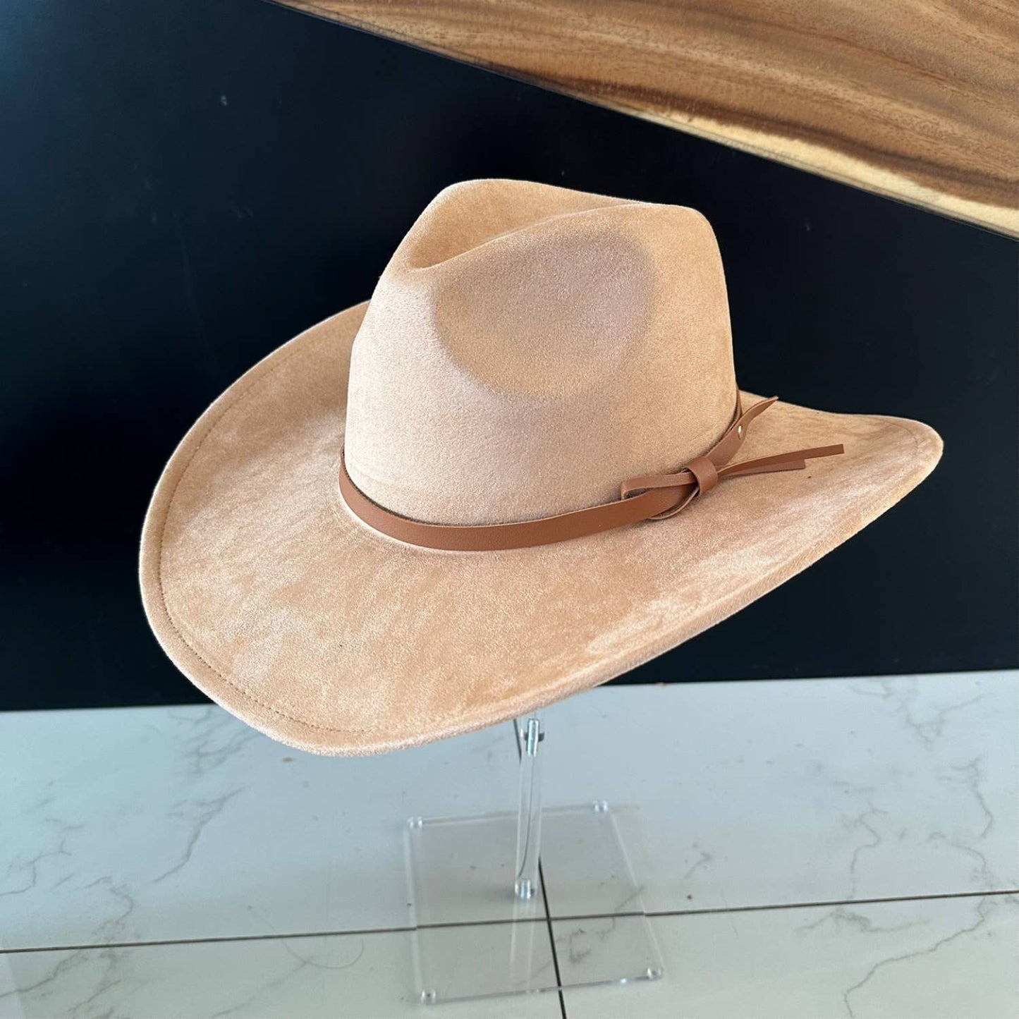 Queens INC - Fashion Vegan suede Cowboy hat  W/ Leather Belt: CAMEL / ONE SIZE