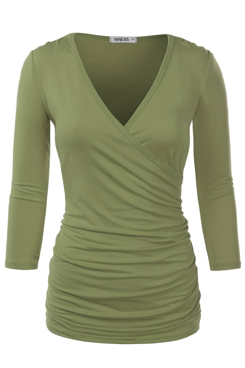 NINEXIS - CWTTL1403_3/4 Sleeve Tank Tops Deep V-Neck Surplice Wrap: NAVY / (S) 1