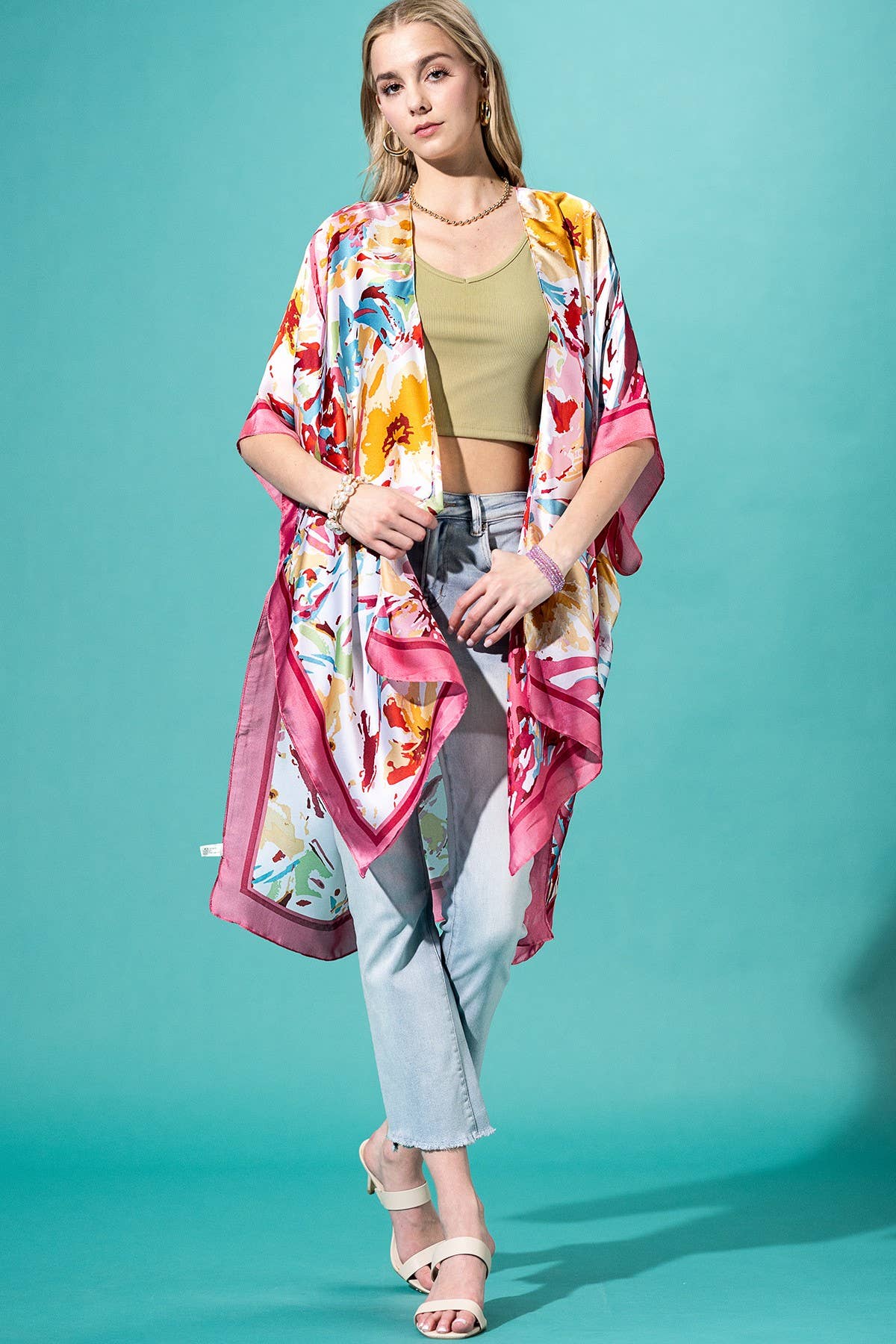 Urbanista - Abstract Floral Print Kimono: PINK-PK