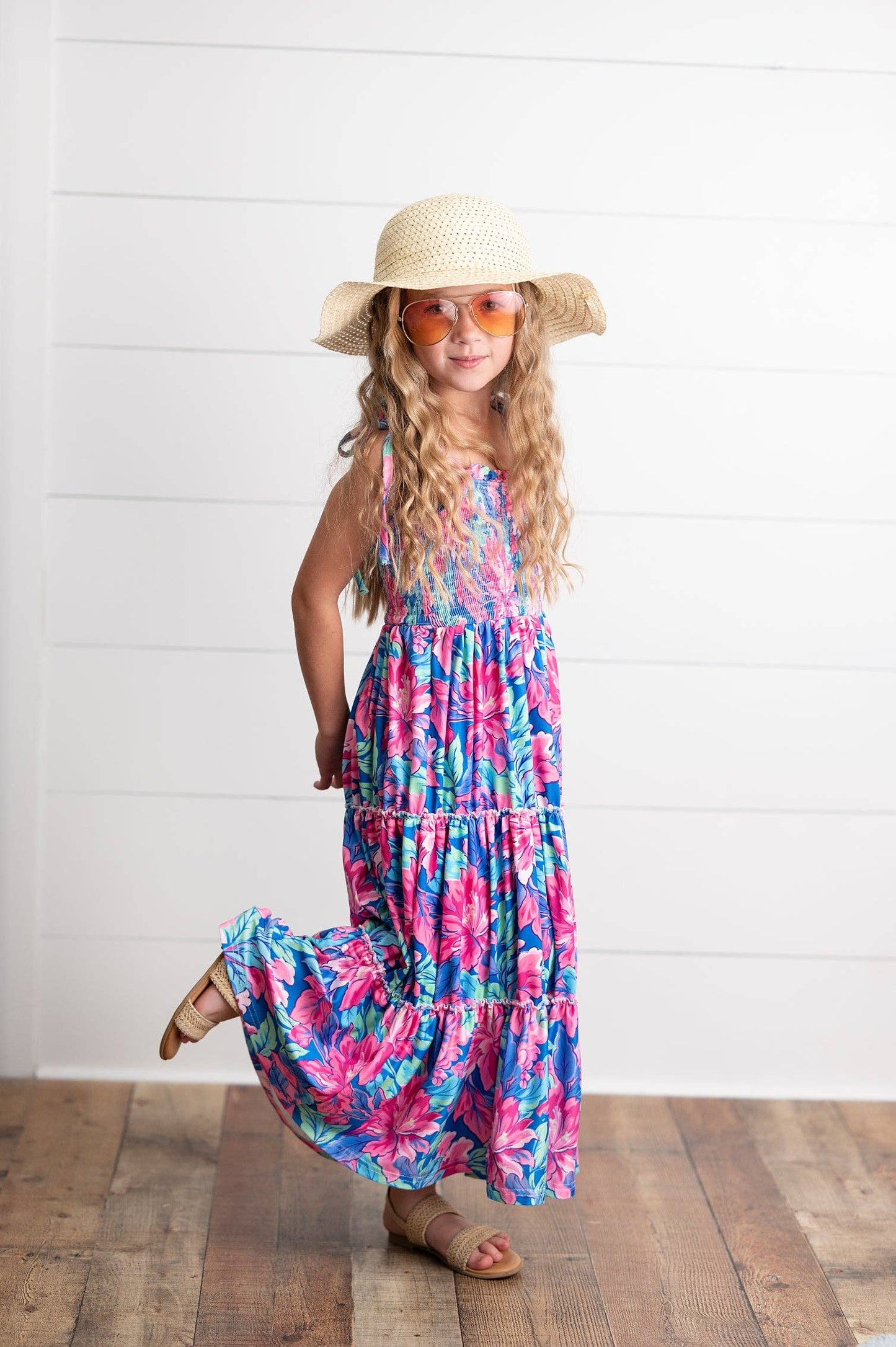 Oopsie Daisy - Girls Hot Pink Hawaiian Tropical Tiered Spring Maxi Dress: 7/8