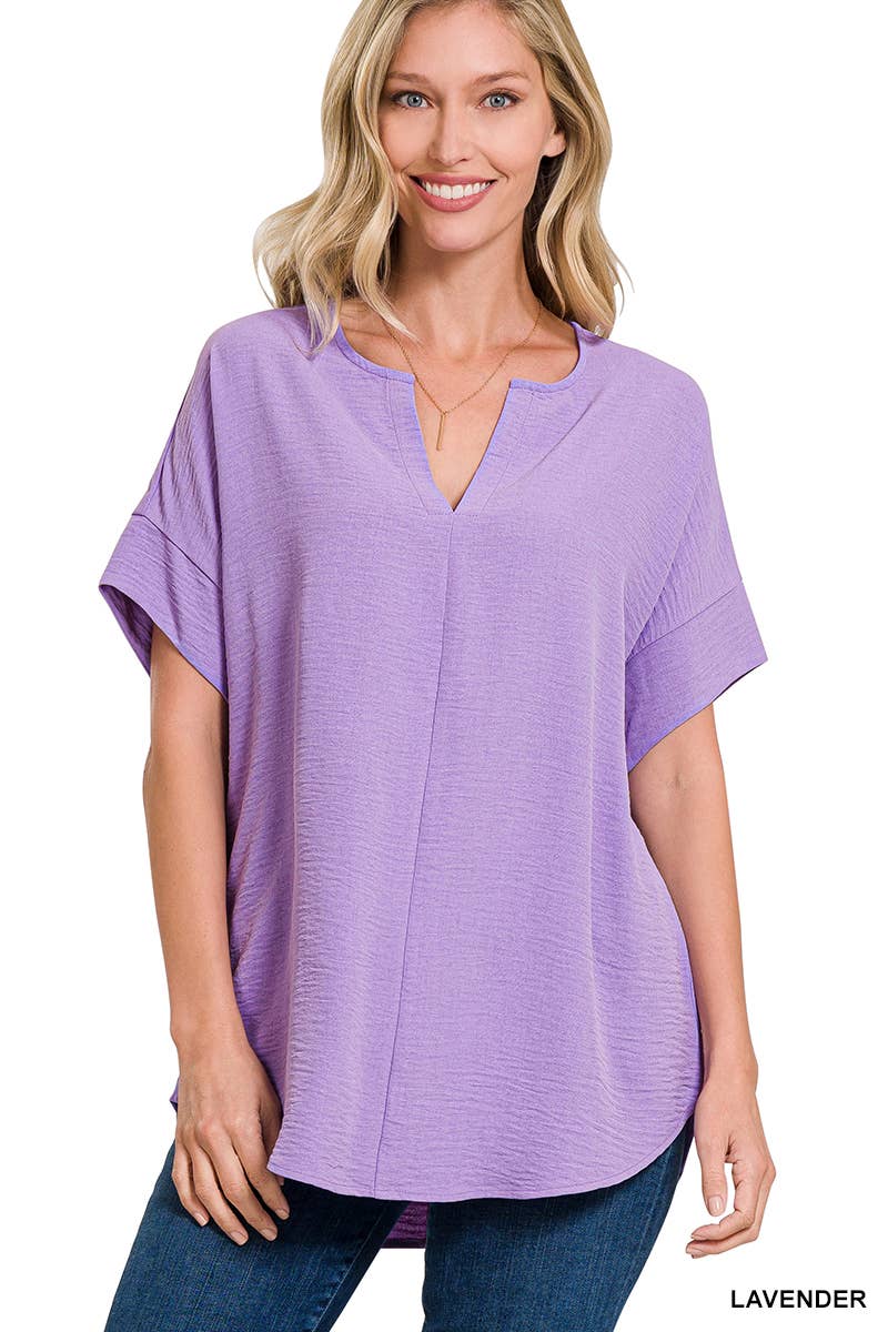 42POPS -Woven Airflow Split Neck Short Sleeve Top Fuschia