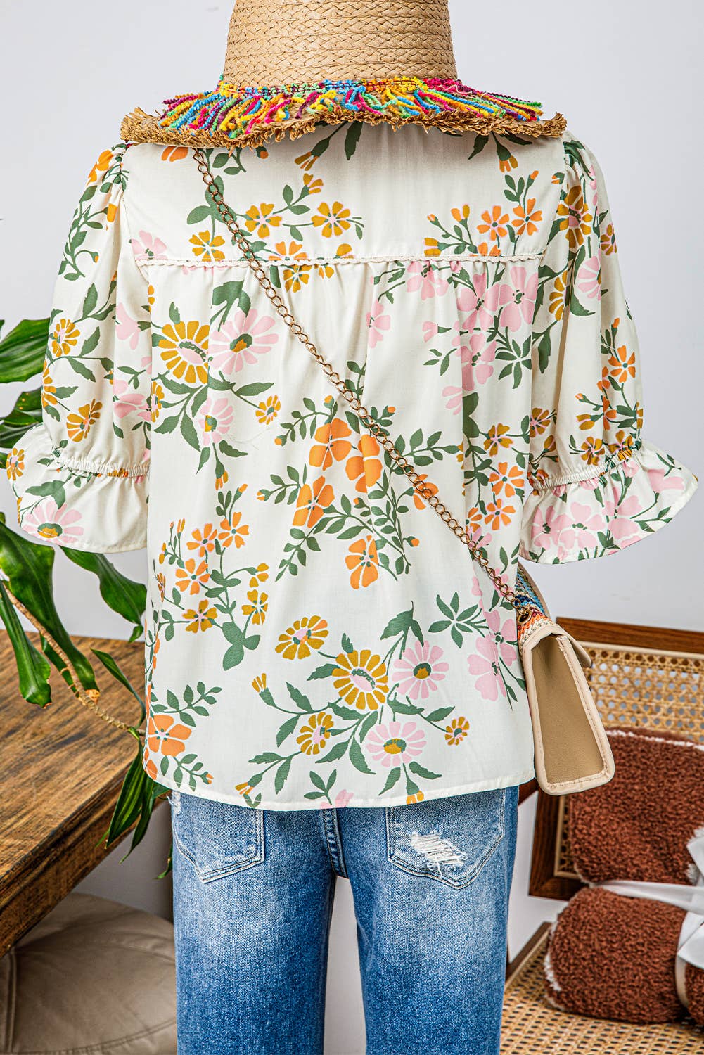 fashionworks - Crochet Boho Half Sleeve Floral Blouse-Missy & Plus Sizes