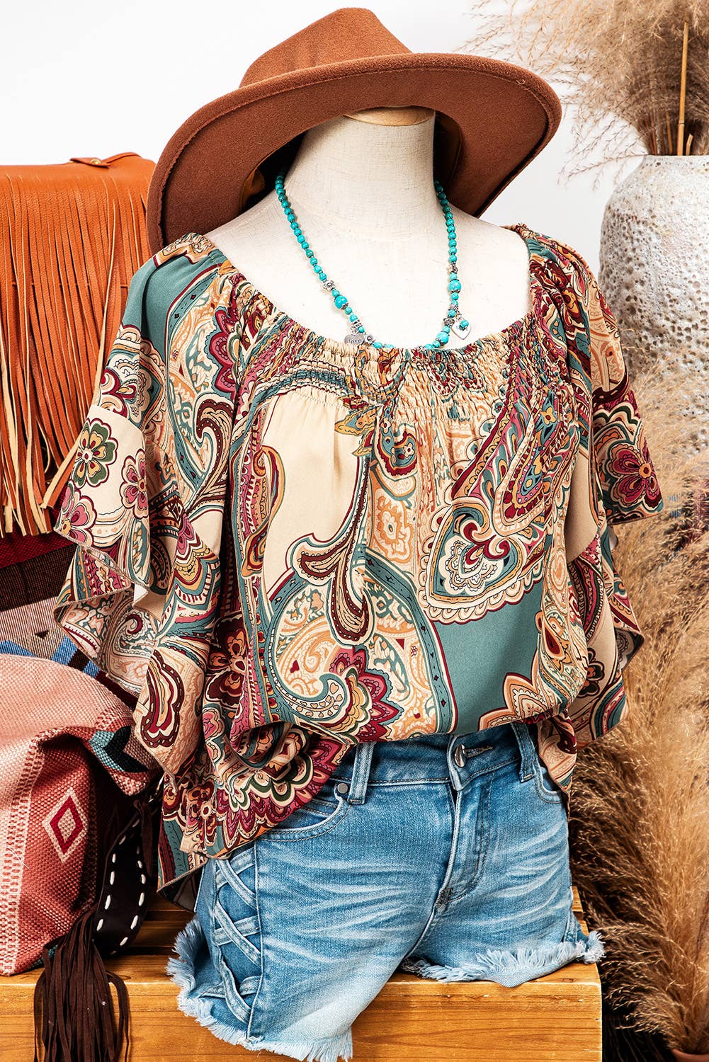 Fashionworks - Paisley Shirred Off Shoulder Ruffled Draped Sleeve Blouse SZ L