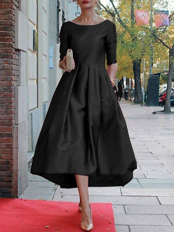 Sheer Trend - A-Line Loose Pleated Pockets Solid Color Split-Joint Round-Neck Midi Dresses: 2XL / GREEN