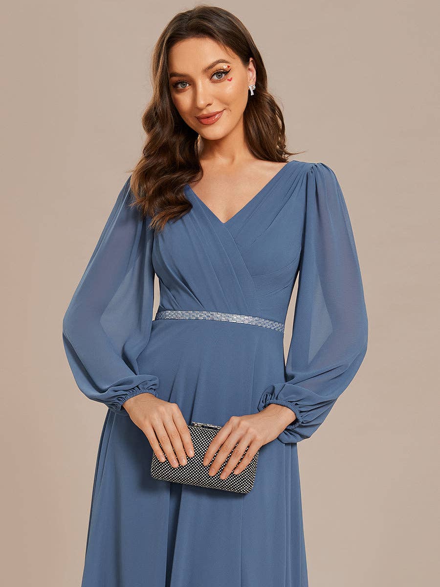 Ever-Pretty - Elegant waisted chiffon V-neck Long Sleeve guest Dress: Burgundy / 12