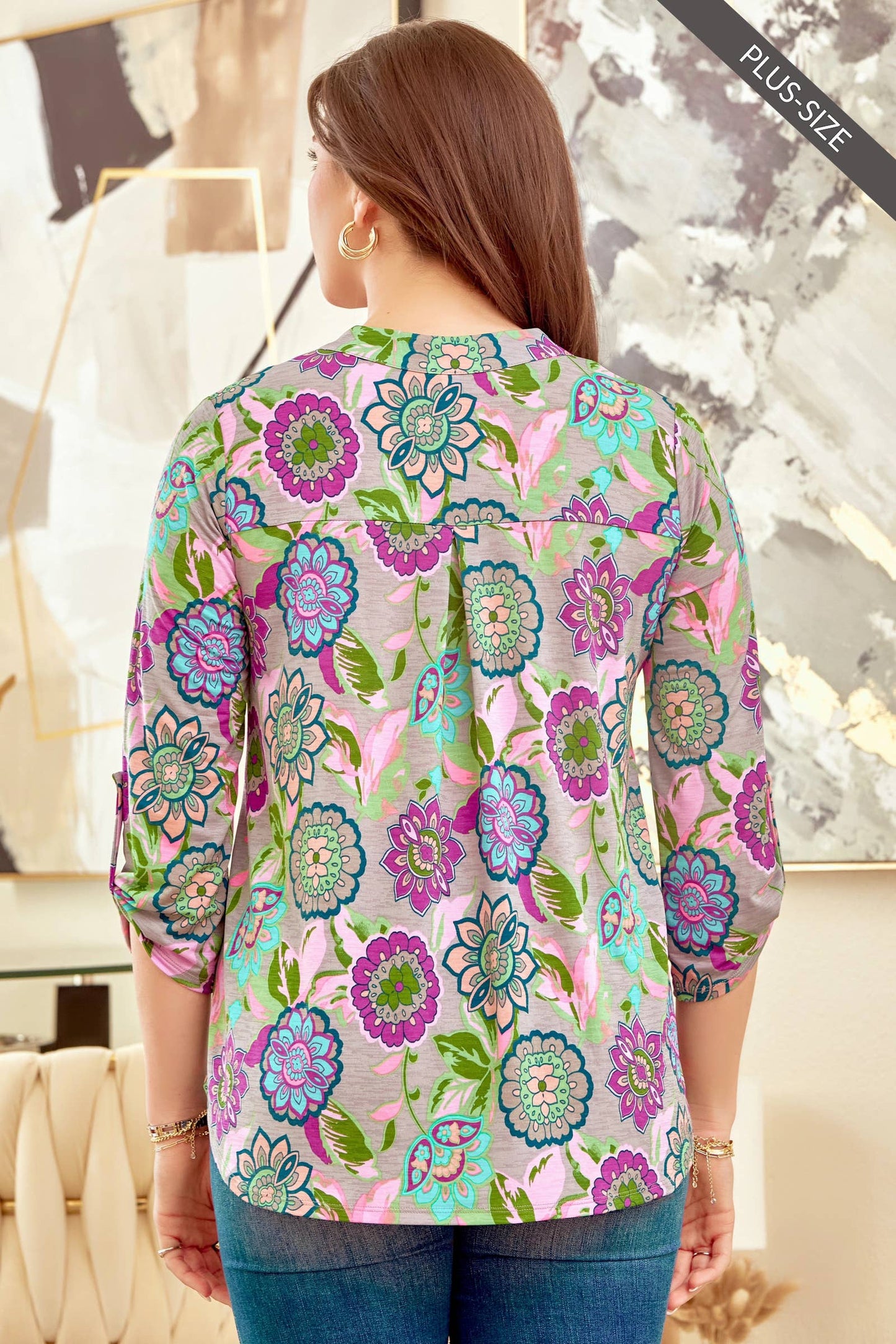 Dear Scarlett - PLUS SIZE Multicolor Wrinkle Free Floral Top LIZZY-V0234P: GREY MULTI / XL
