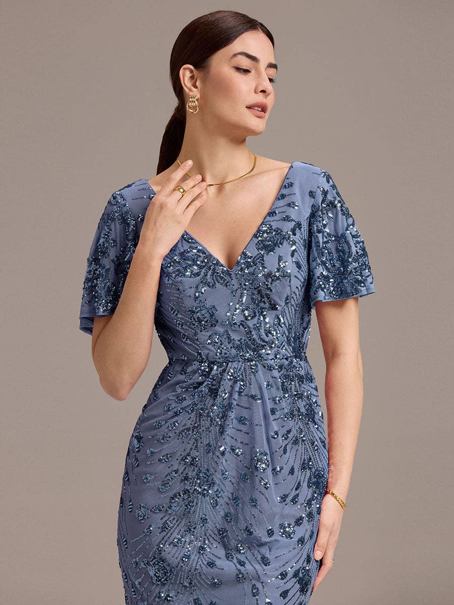 Ever-Pretty - Strapless Deep Fishtail Paillette Midi Evening Dresses: Sapphire Blue / 22
