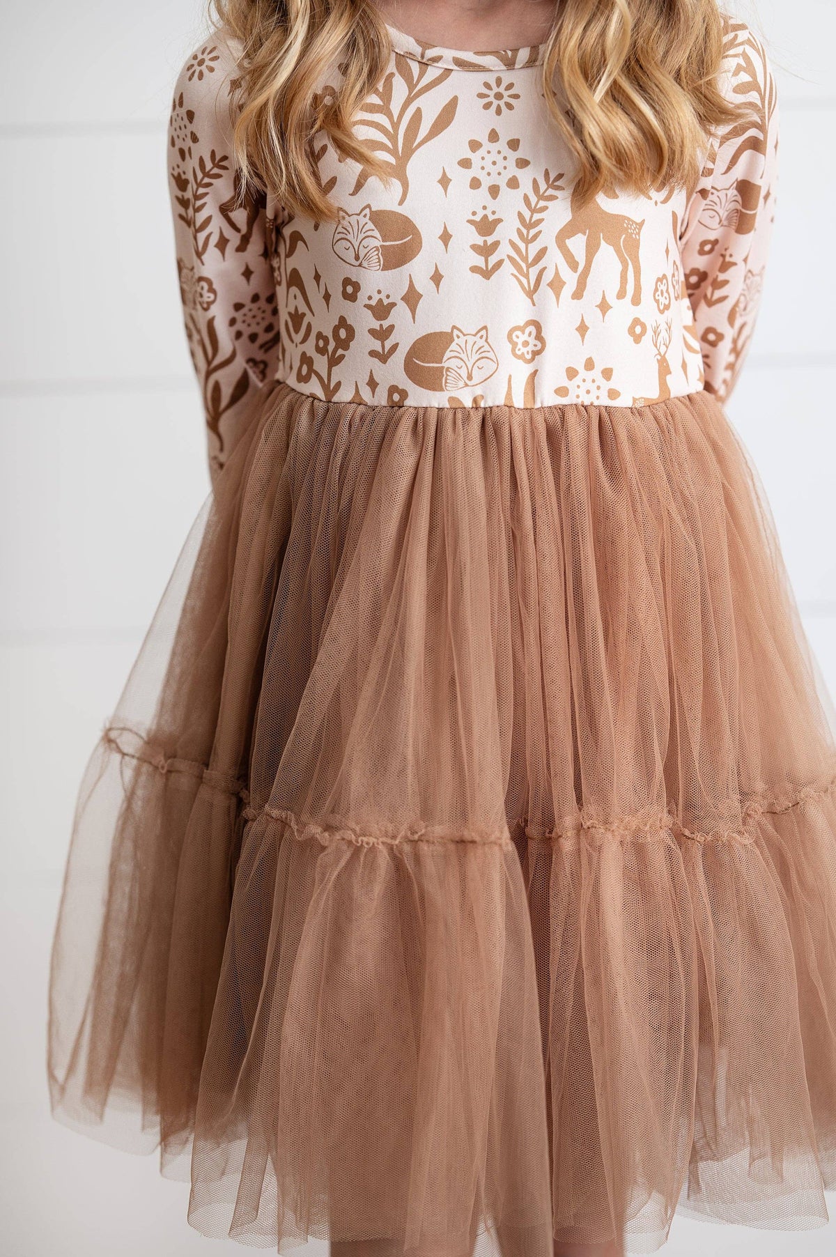 Oopsie Daisy - Kids Fall Winter Woodland Deer Tulle Ruffle Sleeve Dress: 7/8