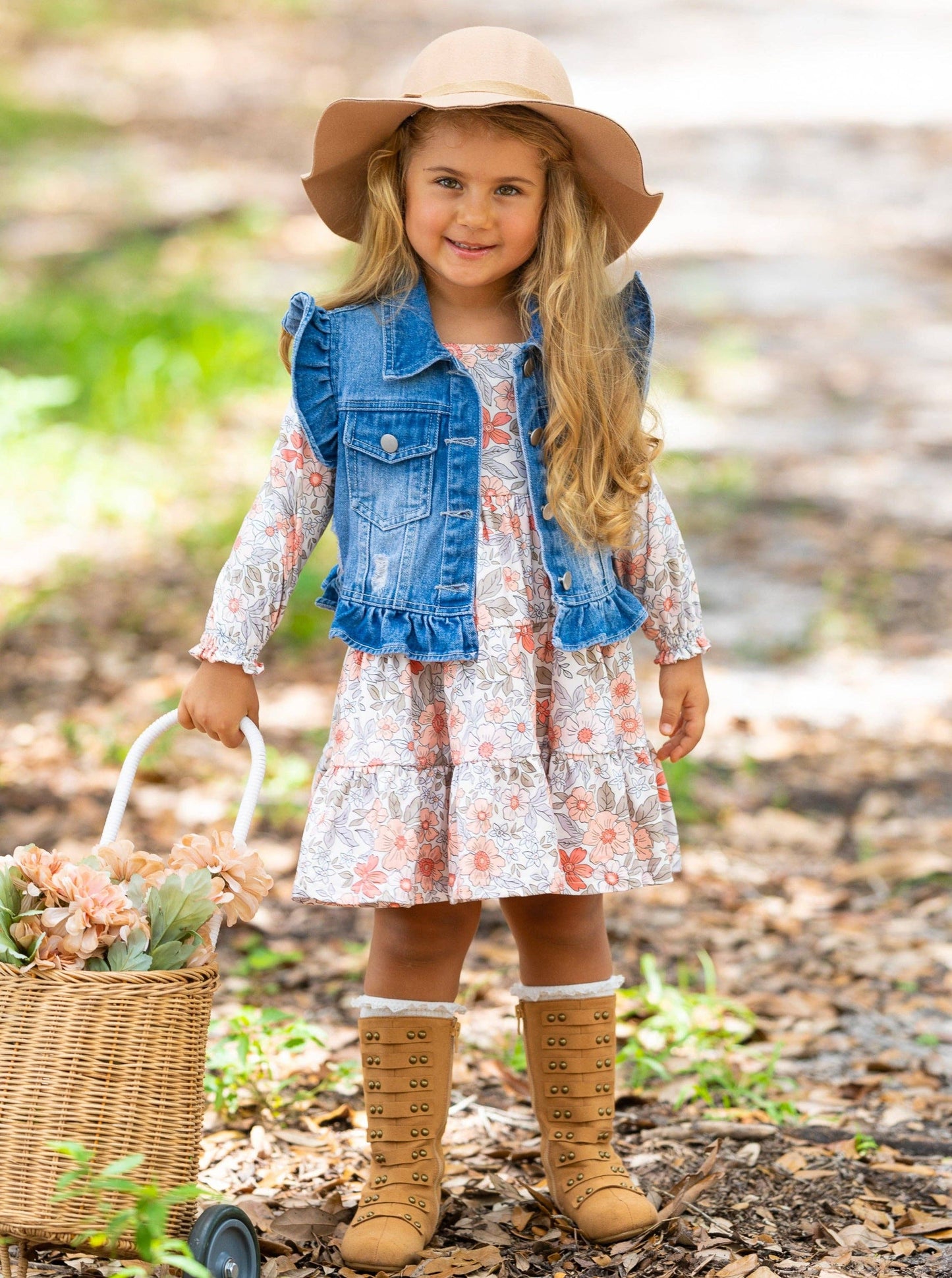 Mia Belle Girls • Wholesale - Long Sleeve Floral Dress w/ Ruffle Denim Vest & Set: Multicolor / 12Y