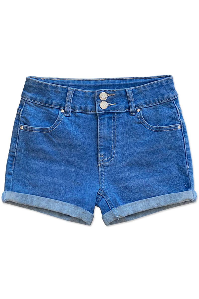Cutie Patootie Clothing - GDS-22-89112B Girls Denim Short w/ 2 Buttons & Roll-Up Hem: Dark Denim