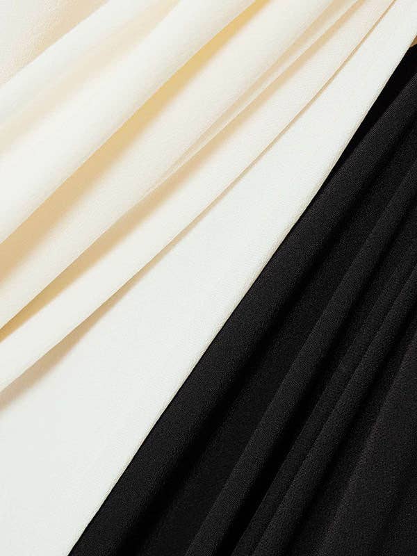 FurDecoration - Long Sleeve Loose V-Neck Maxi Dress with Contrast Color: BLACK WHITE / S