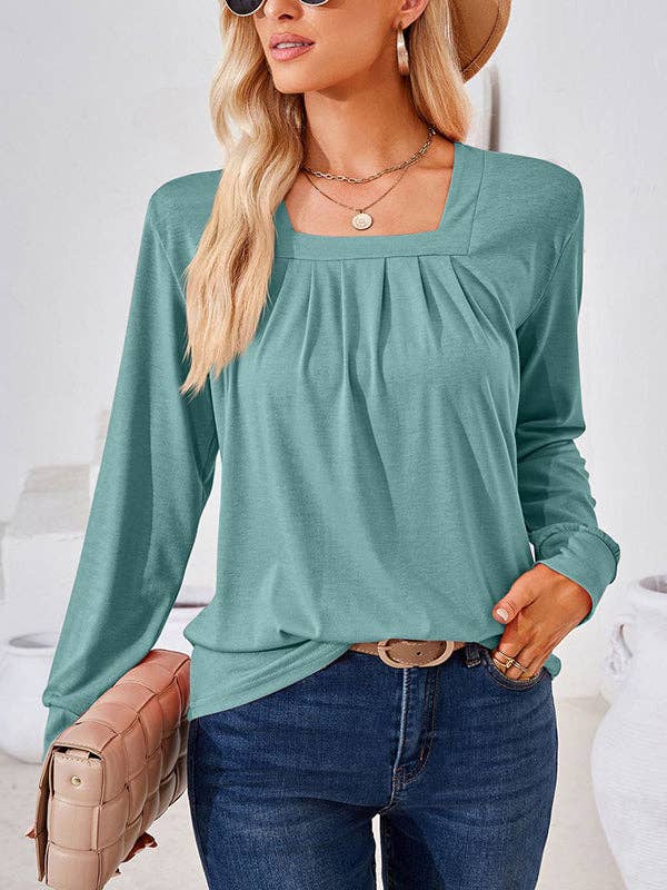 UZ Wholesale Store - Long Sleeves Loose Pleated Solid Color Square-Neck T-Shirts Tops: PINK / S