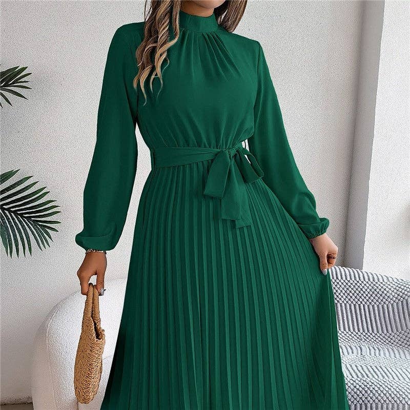 UZ Wholesale Store - Solid Color Stand Collar Long Sleeve Pleated Maxi Dress: BABY BLUE / XL