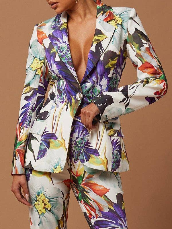 UZ Wholesale Store - Long Sleeves Floral Printed Split-Joint Lapel Suit Outerwear: COLORFUL / L