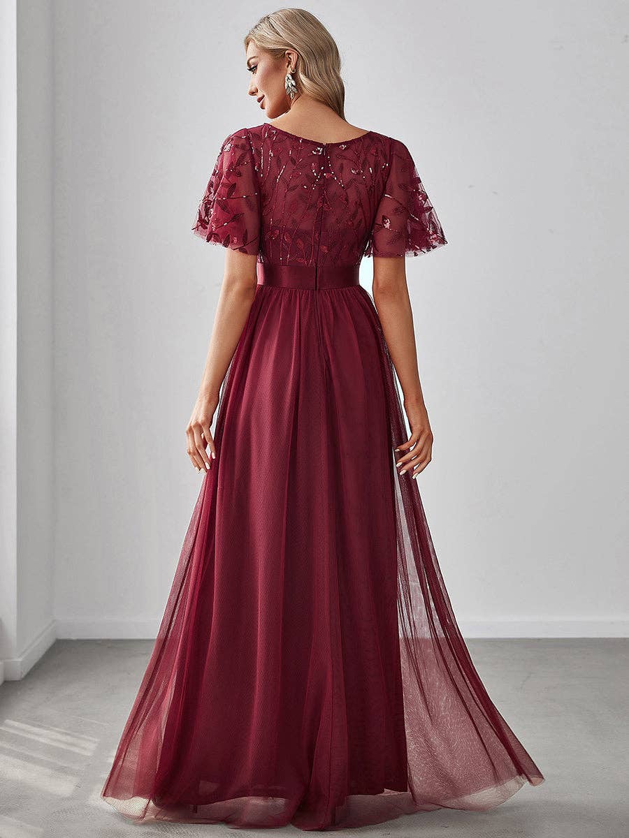 Ever-Pretty - Sequin Print Maxi Long Evening Dresses with Cap Sleeve: Dusty Navy / 14