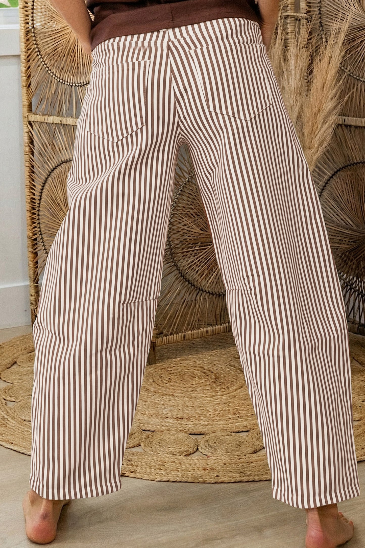 Khaki Stripe Casual Barrel Jeans