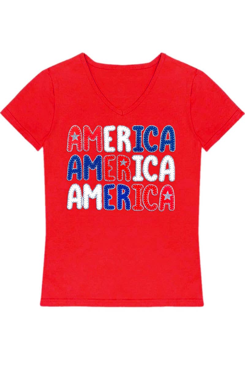Cutie Patootie Clothing - GKT-16811B-588 Girl's V-Neck 'America' Graphic Tee