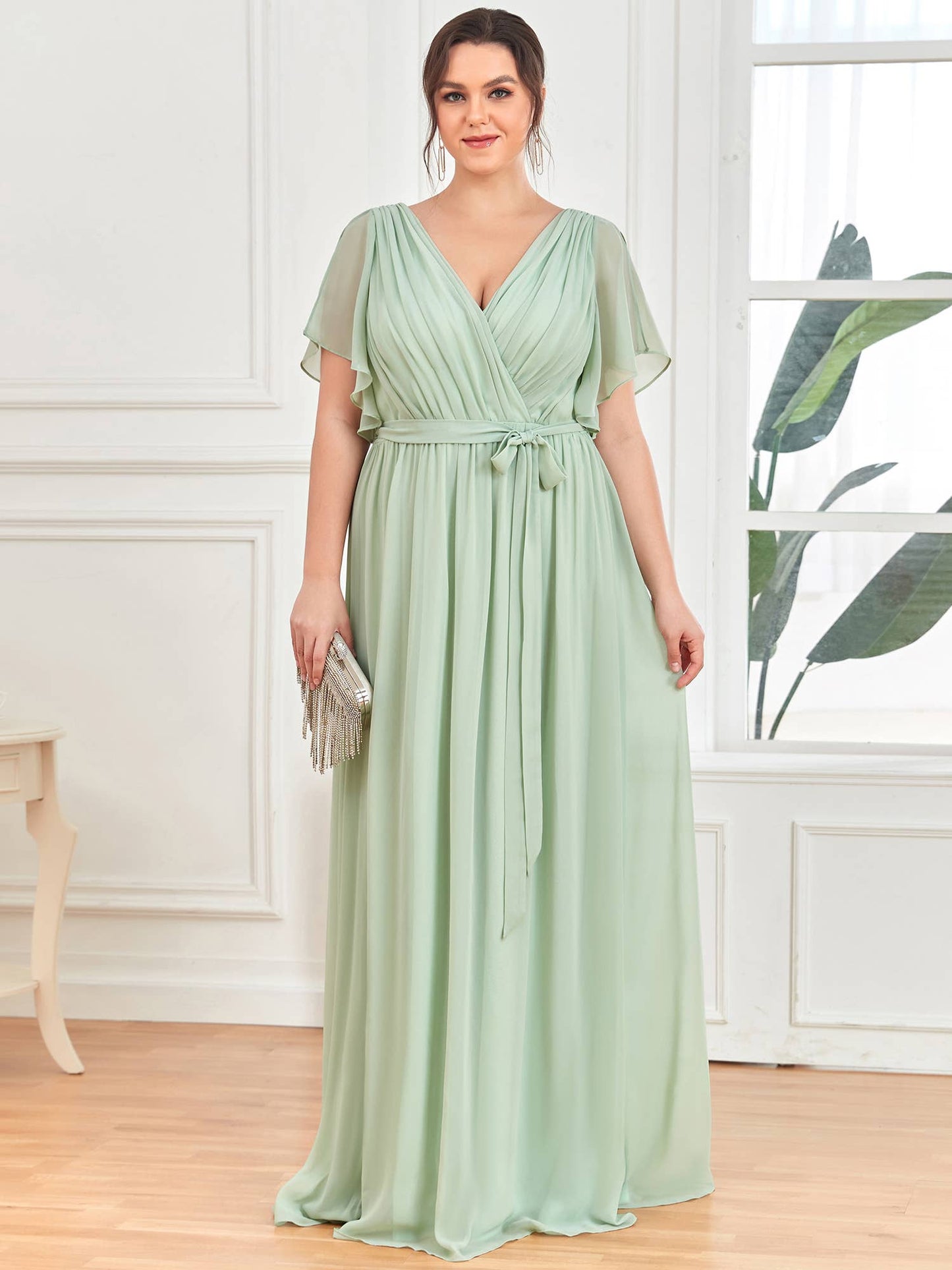 Ever-Pretty - Plus Size Belted Chiffon Bridesmaid Dress: Dark Green / 24