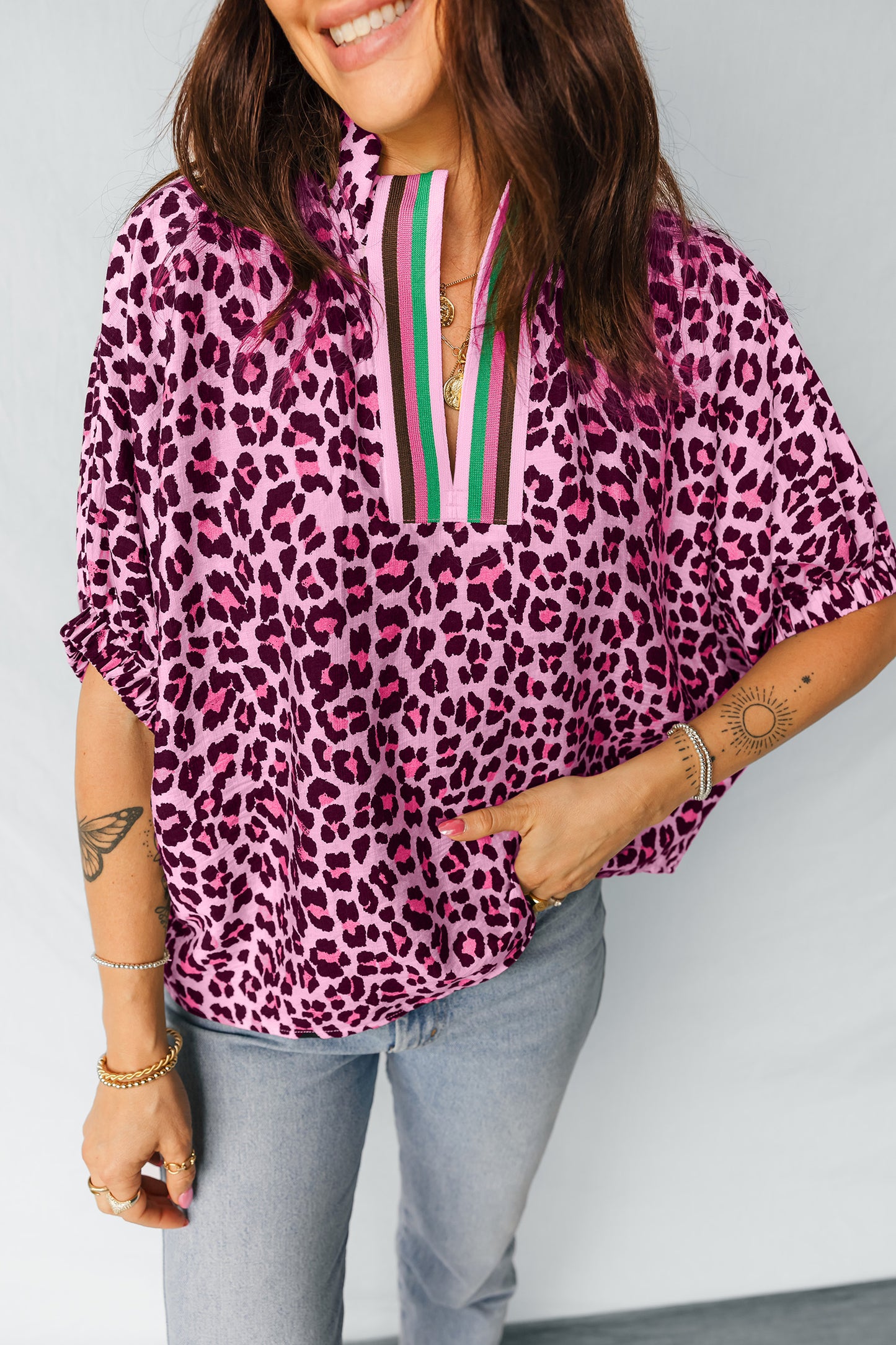 Khaki Pop of Color Neckline Loose Fit Leopard Print Blouse
