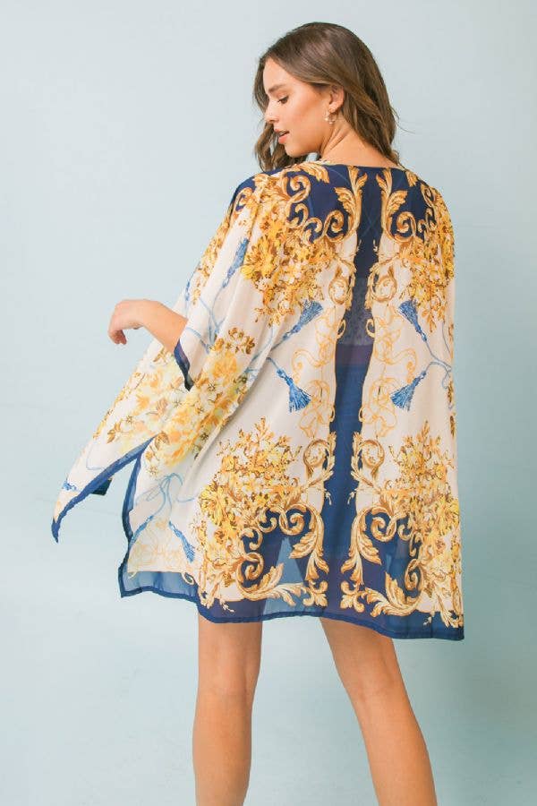 FLYING TOMATO - A printed woven midi kimono cover up-Ivory and Navy