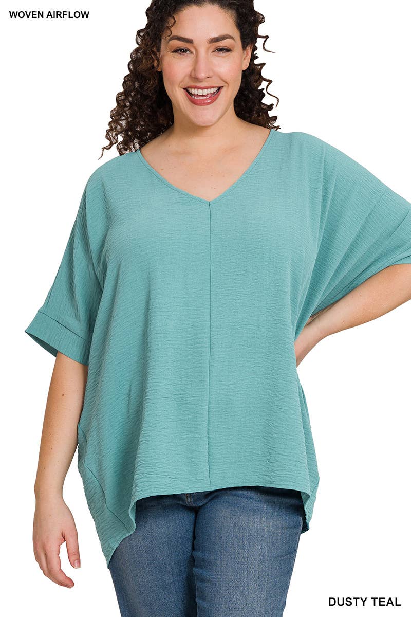 42POPS - PLUS SIZE WOVEN AIRFLOW V-NECK DOLMAN SHORT SLEEVE TOP: LT NAVY-152211 / 1X