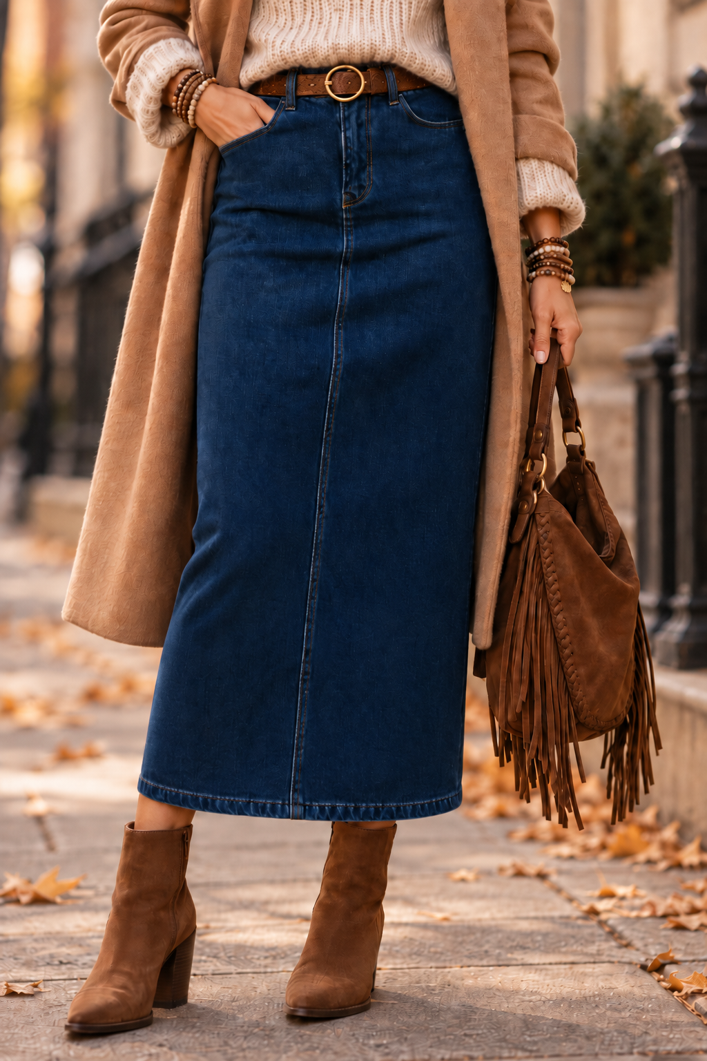 LaughTail Tees - High-Waisted Modest Straight Denim Maxi Skirt: Navy / M/38