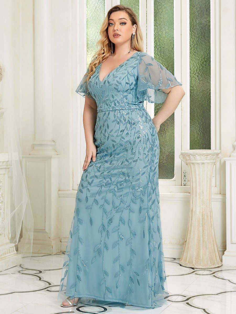 Ever-Pretty - Plus Size V Neck Mermaid Sequin & Tulle Evening Dress: Dark Green / 24