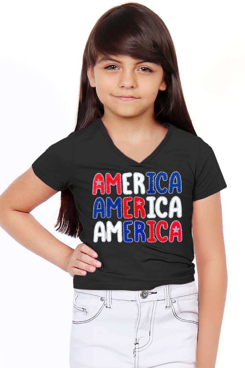 Cutie Patootie Clothing - GKT-16811B-588 Girl's V-Neck 'America' Graphic Tee