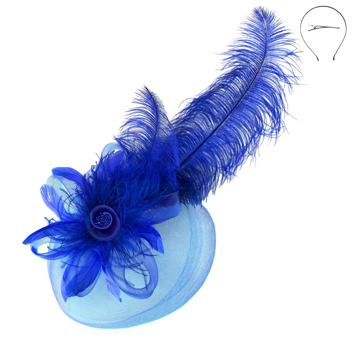 SP Sophia Collection - Flower Center with Veil Feather Fascinator : Royal Blue