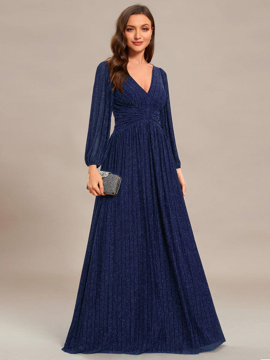 Ever-Pretty - Maxi Long Chiffon Waist V Neck Long Sleeves Evening Dress: Burgundy / 14
