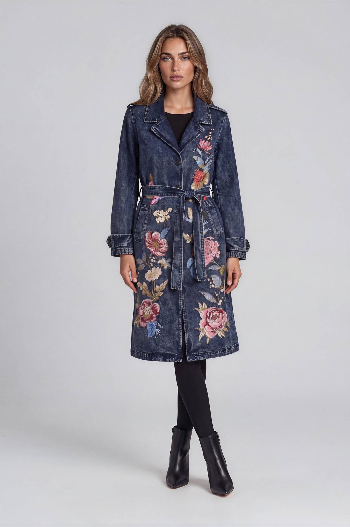 Adore - 2702-J Embroidered Denim Trench Coat: S