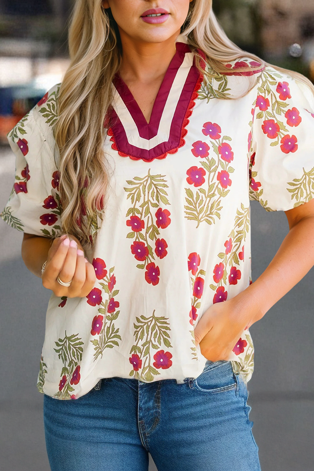 66DISCO - Floral Short Bubble Sleeve Contrast Plus Size Top (S-4X): Black / 3X