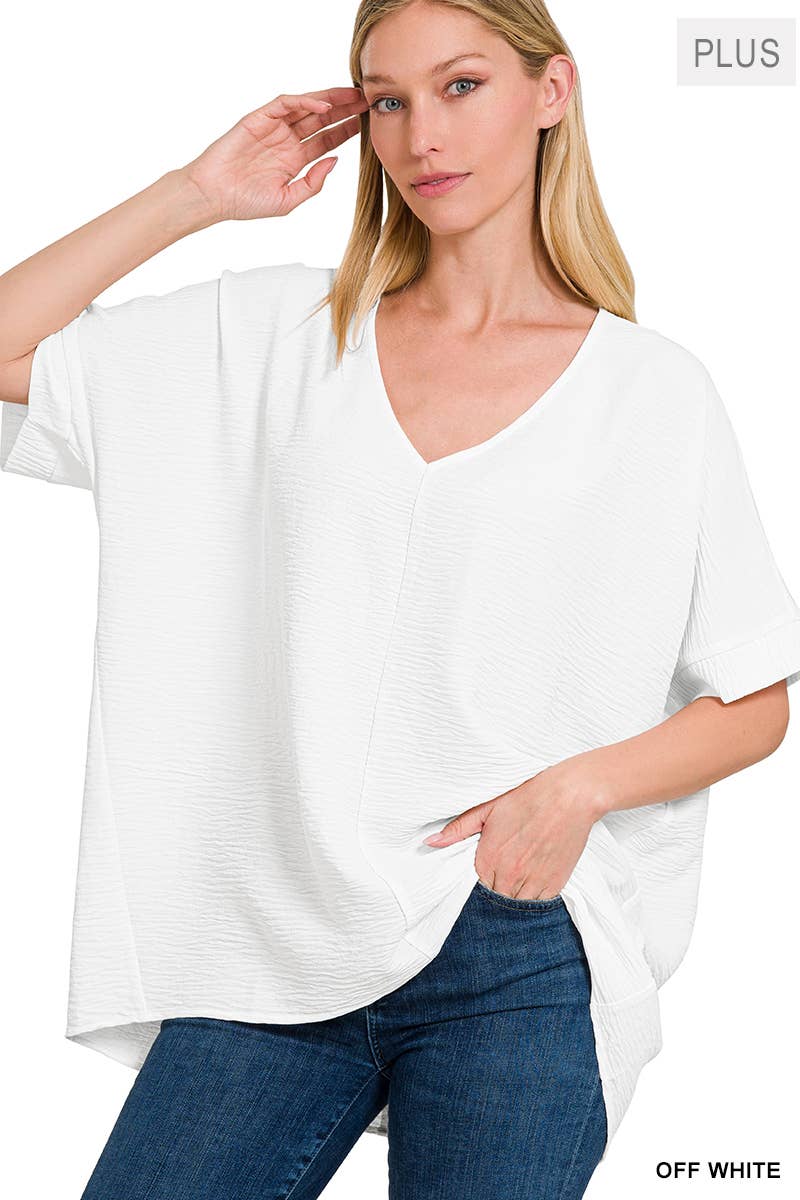 42POPS - PLUS SIZE WOVEN AIRFLOW V-NECK DOLMAN SHORT SLEEVE TOP: BLACK-152213 / 1X