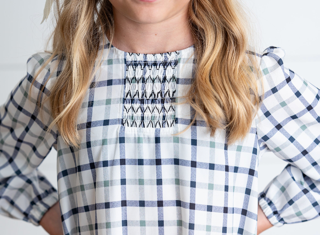 Oopsie Daisy - Girls Navy & White Plaid Smocked Ruffle Spring Dress: 7/8