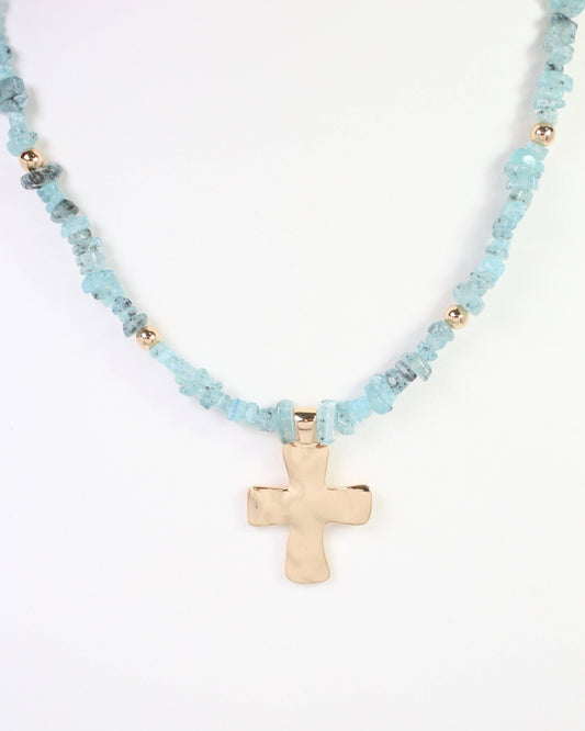 Caroline Hill - Holland Beaded Cross Necklace Aqua: Default