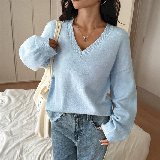 UZ V Neck Solid Color Long Sleeve Sweater: BABY BLUE